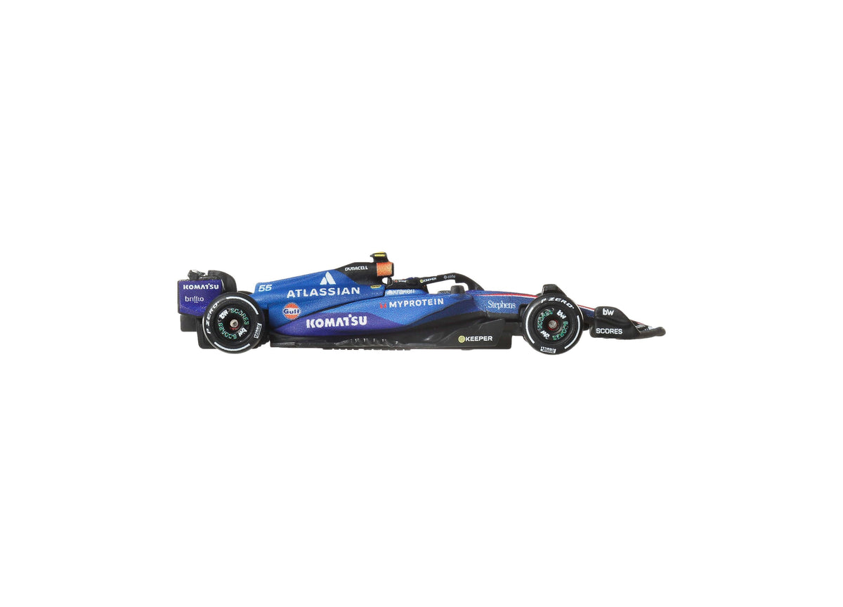 Hot Wheels 1:64 scale Atlassian Williams Racing die-cast race car in blue and purple livery with sponsor logos