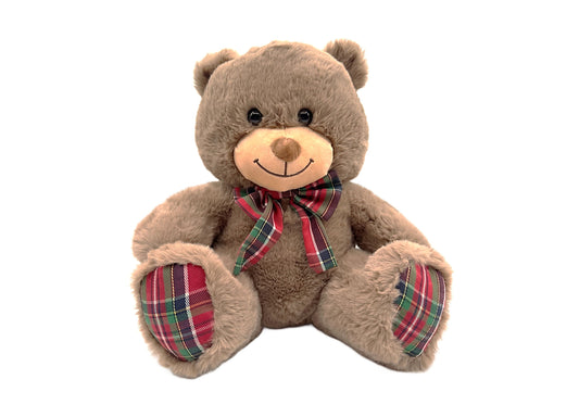Wild Hippo Holiday Plaid Bear Wishes 13" plush teddy bear with brown body, plaid paws, and matching plaid bow