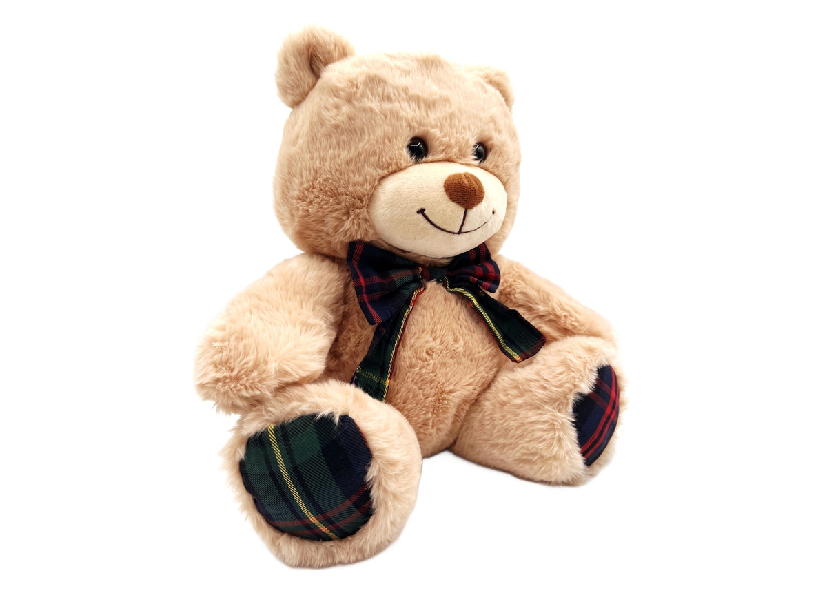 Wild Hippo 13" Holiday Plaid Plush Bear with cream-colored body, brown nose, sweet smile, plaid bow tie, and plaid pa...