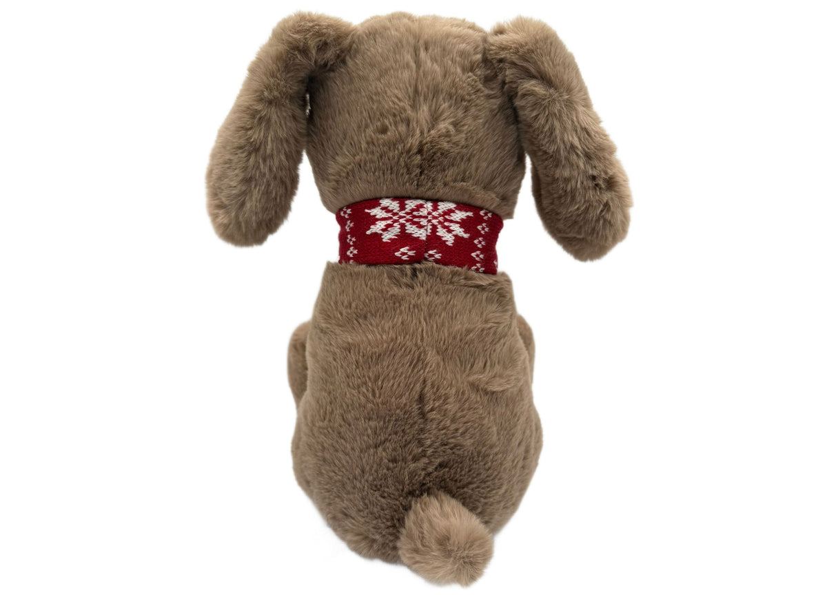 Wild Hippo Holiday Hound plush dog with floppy ears and red patterned knit collar