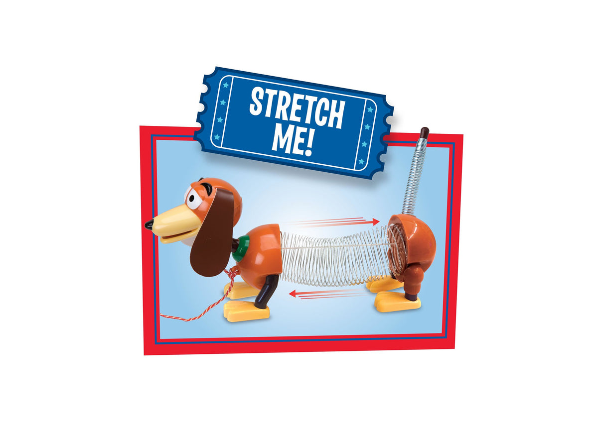 Toy Story Slinky Dog Pull Toy with brown and orange body, yellow feet, floppy ears, green collar, and coiled midsecti...