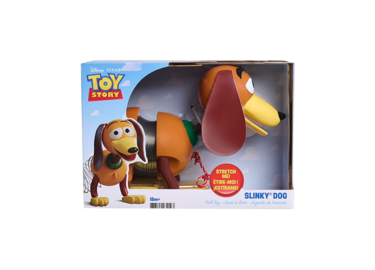 Toy Story Slinky Dog Pull Toy with orange and yellow body, coiled spring midsection, floppy ears, and green collar, s...
