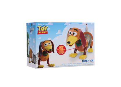 Toy Story Slinky Dog Pull Toy with brown and yellow coloring, floppy ears, green collar, and coiled body, shown with ...