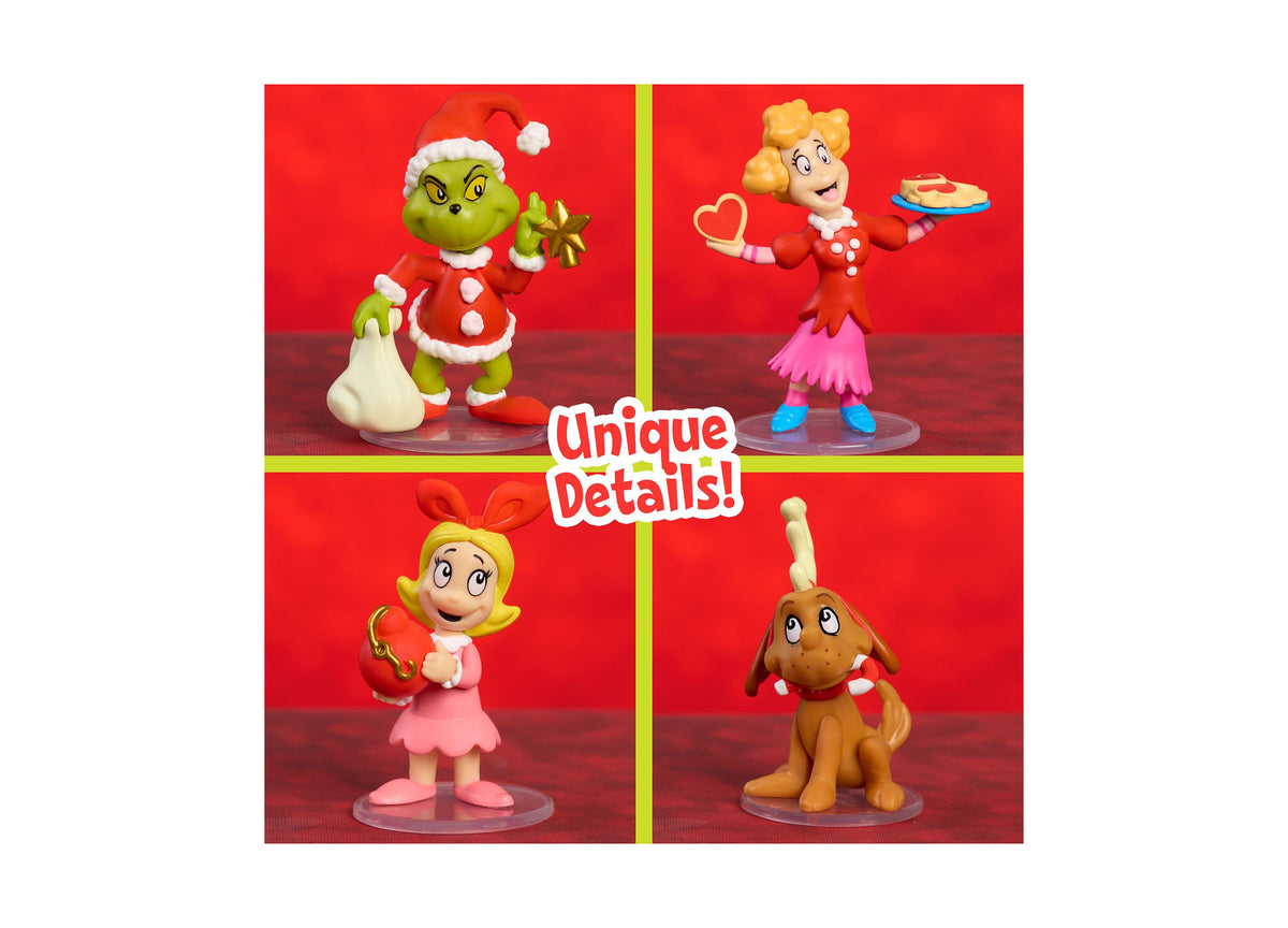 Dr. Seuss Grinch 8-Piece Collectible Figure Set showing four holiday characters on red background with unique details