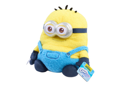 Minions Ed 10" Weighted Comfeez Plush toy with yellow body, blue overalls, goggle eyes, and dark spiky hair detail