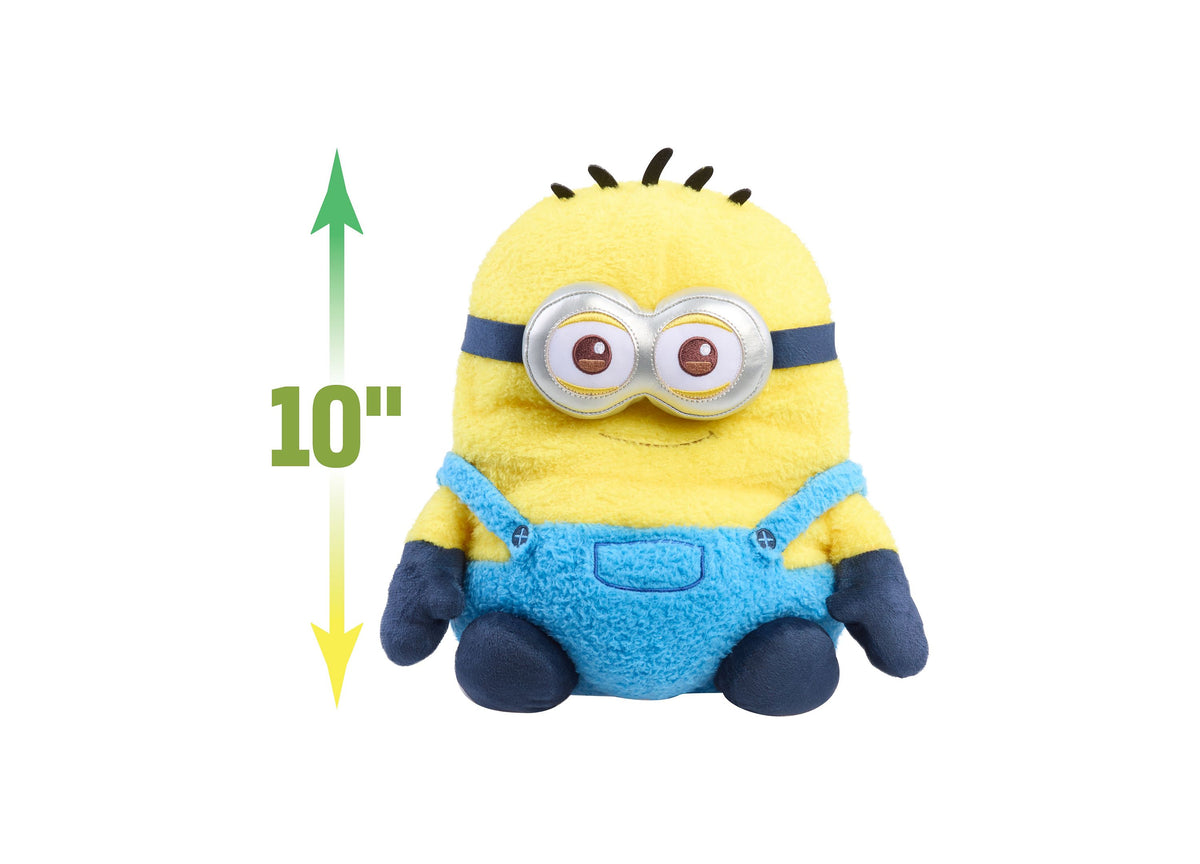 Minions Ed 10" Weighted Comfeez Plush toy with yellow head, blue overalls, goggles, and black spiky hair