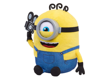 Minions Interactive Babbling James 9" Plush toy with one eye, yellow body, blue overalls, black gloves, and three hai...