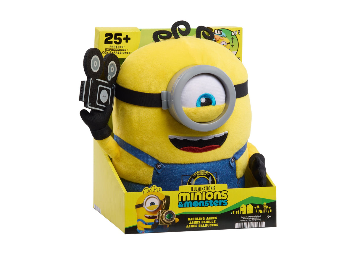 Minions Interactive Babbling James 9" Plush toy in yellow with blue overalls, one large eye, and black gloves, displa...