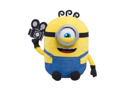 Minions Interactive Babbling James 9" Plush toy holding a movie camera, yellow with blue overalls