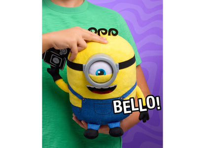 Minions Interactive Babbling James 9" Plush yellow character with one eye, held by child wearing green shirt