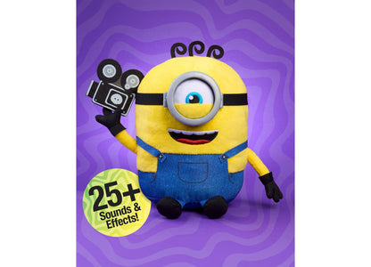 Minions Interactive Babbling James 9" Plush toy with one eye, blue overalls, holding a movie camera