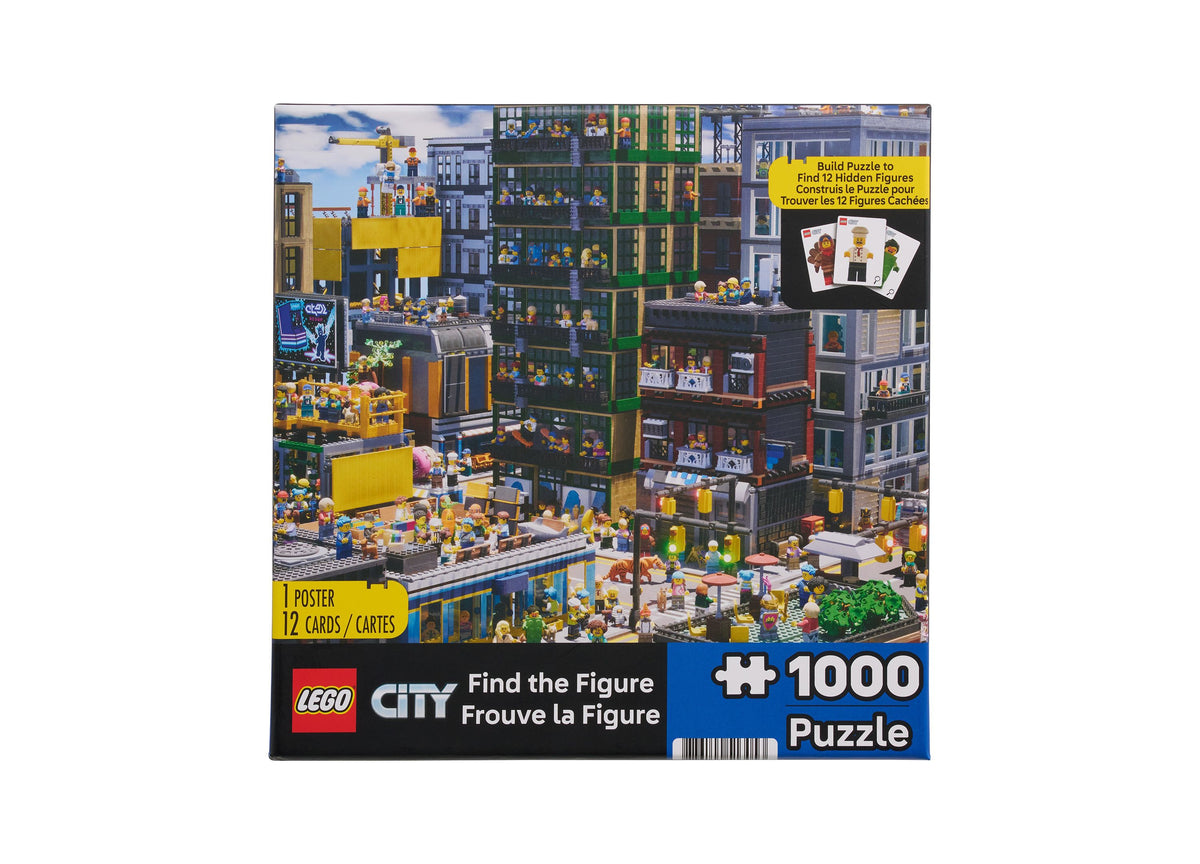 Lego City Find the Figure 1000-piece puzzle box showing colorful urban street scene with buildings, construction cran...