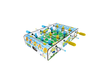 SpongeBob SquarePants tabletop foosball game with blue and yellow players, green field, and yellow handles