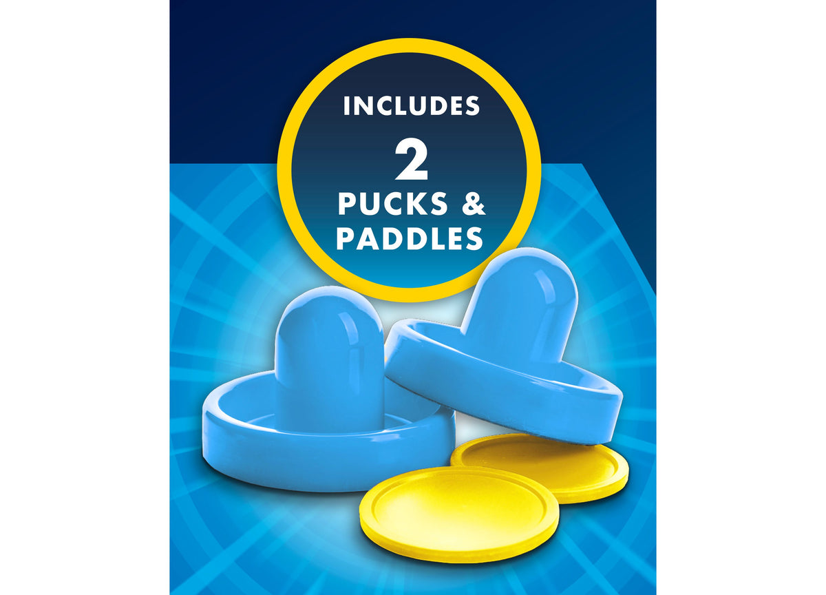 Sonic Air Hockey Tabletop Game with two blue paddles and two yellow pucks displayed against blue background