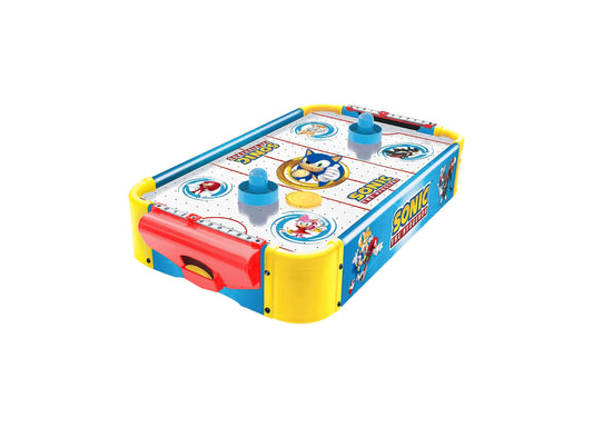 Sonic Air Hockey Tabletop Game with blue, yellow, and red frame, white playing surface with Sonic character graphics,...