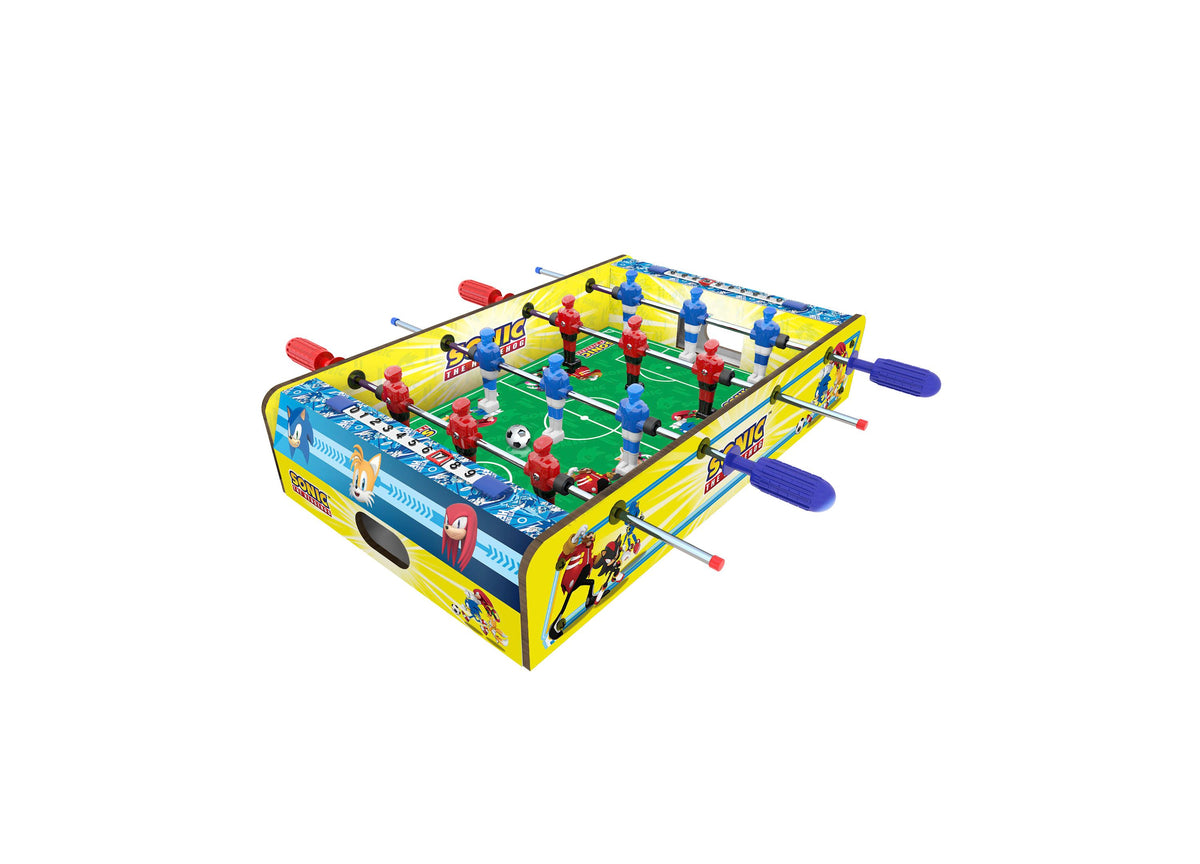Forever Clever Sonic Tabletop Foosball Game with yellow and blue frame, green playing field, red and blue player figu...