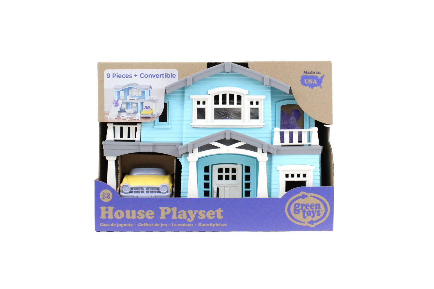 Green Toys House Playset in light blue with white trim, 9 pieces convertible dollhouse with yellow car