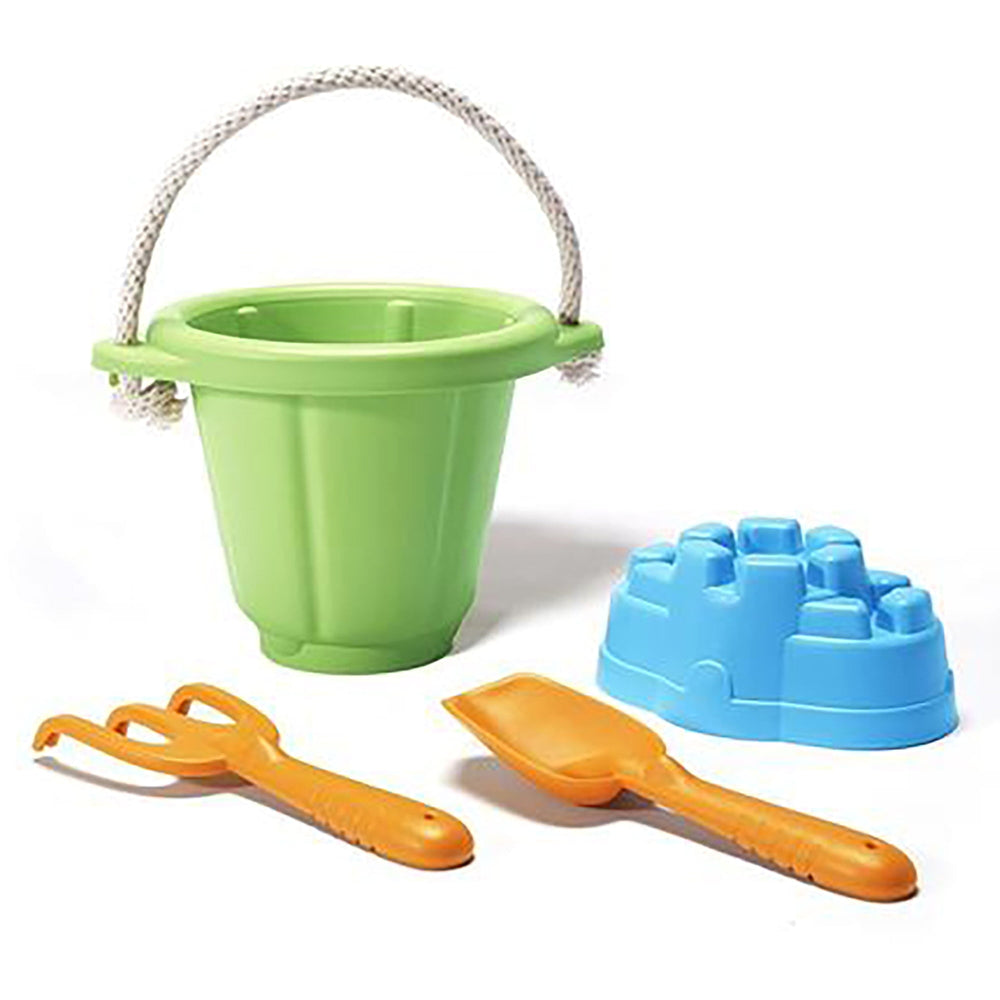 Green Sand Play Set with blue castle mold and orange shovels