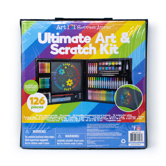 Art 101 Ultimate Art & Scratch Kit with 126 pieces including colored pencils, markers, crayons, watercolor cakes, and scratch art sheets in black organizer case