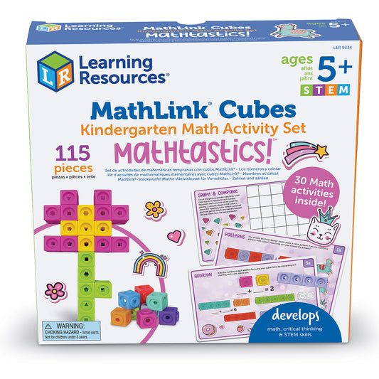 Learning Resources MathLink Cubes Kindergarten Math Activity Set box showing 115 colorful interlocking cubes in pink, yellow, green, and purple, with activity c