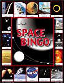 Space Bingo game box featuring red title text, space-themed imagery including planets, astronauts, spacecraft, and NASA logo surrounded by colorful space photog