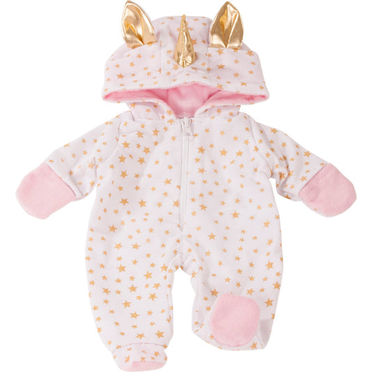 Unicorn costume pajama sleeper with lavender and gold star print, pink fuzzy ears, horn, mittens, and padded feet for 13-inch dolls