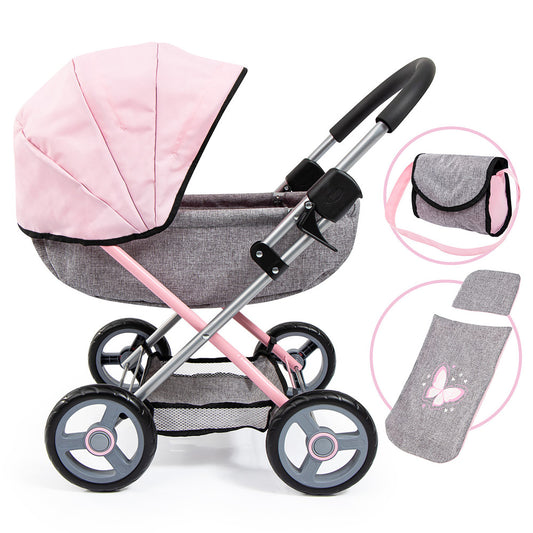 Pink and gray 4-in-1 baby doll pram stroller with silver handles, black wheels, and included accessories: diaper bag, mattress pad, and footmuff