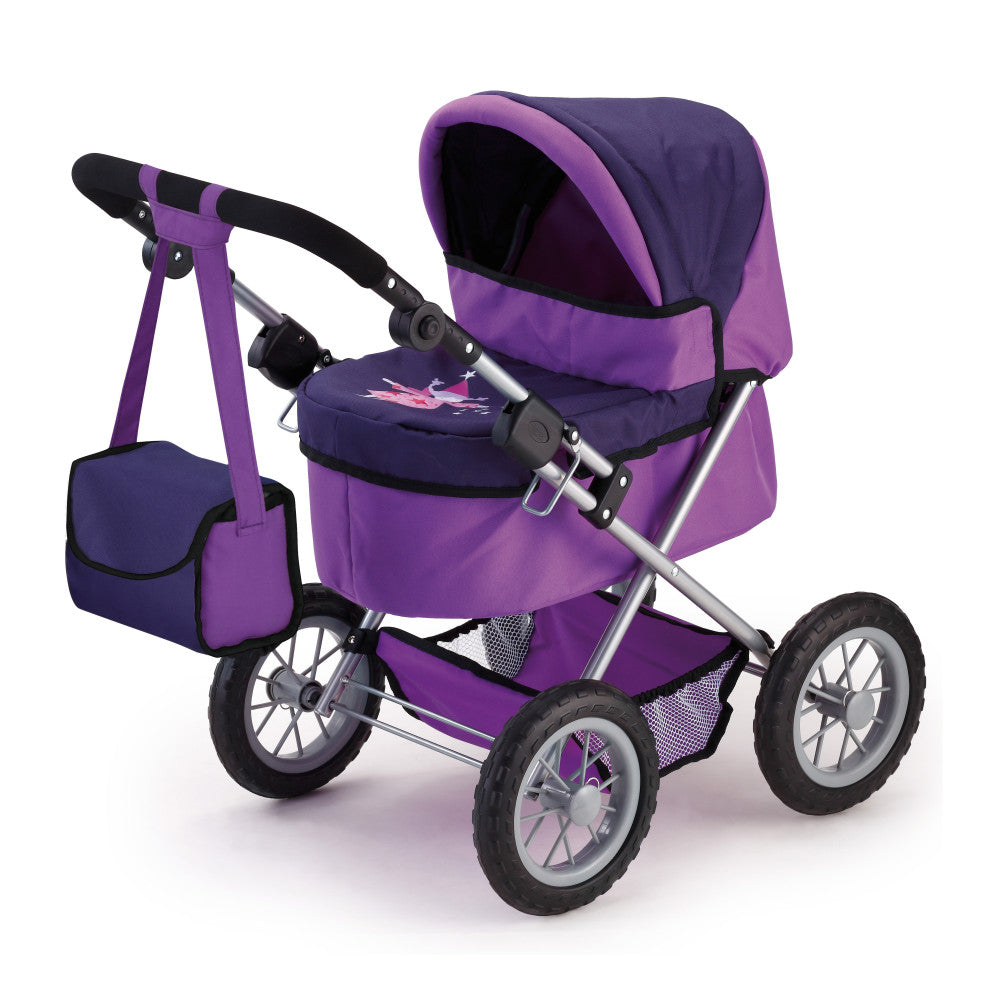 Purple doll pram with black hood, silver frame, four black wheels, adjustable handle, and matching shoulder bag