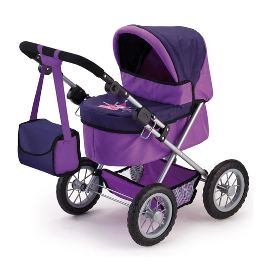 Purple doll pram with black hood, silver frame, four black wheels, adjustable handle, and matching shoulder bag