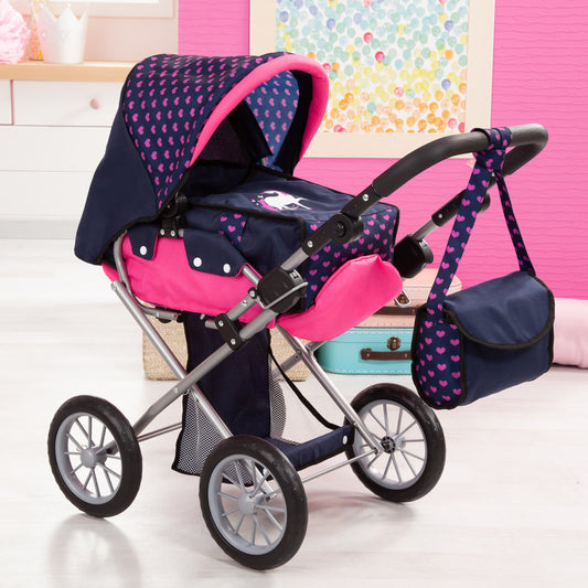 Navy and hot pink doll pram with heart pattern, silver frame, black handles, matching diaper bag, shown in a playroom setting