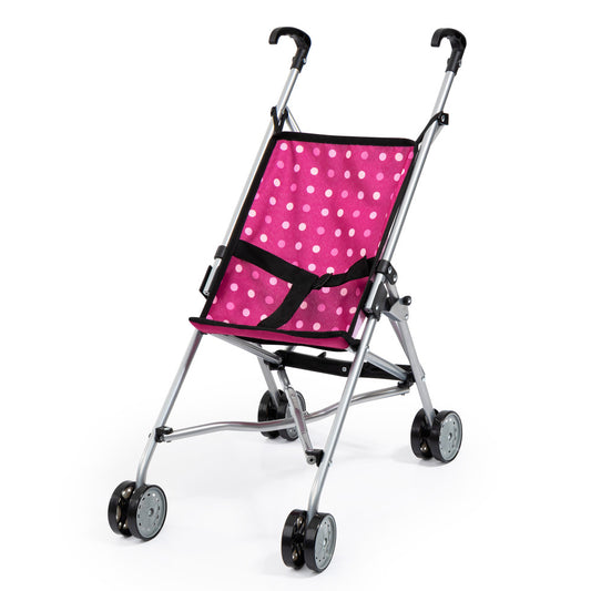 Doll umbrella stroller with silver frame, hot pink fabric seat with white polka dots, black handles and accents, four wheels