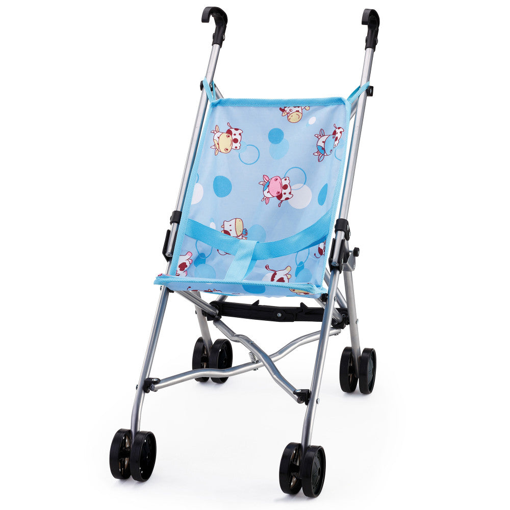 Blue umbrella stroller with cow pattern fabric and silver metal frame, black handles and wheels, for dolls