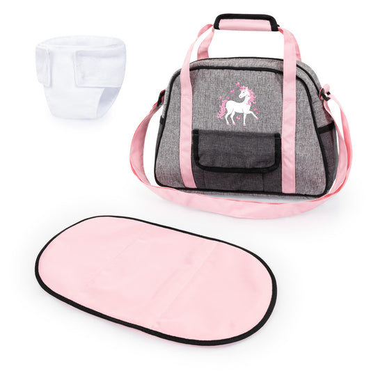 Grey and pink doll carrier bag with unicorn embroidery, includes pink changing mat and white storage container