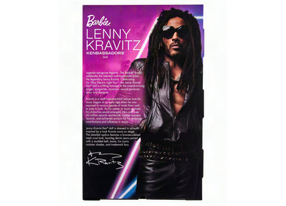 Barbie Kenbassadors Lenny Kravitz 13-Inch Collectible Doll in black leather jacket and sunglasses on purple packaging