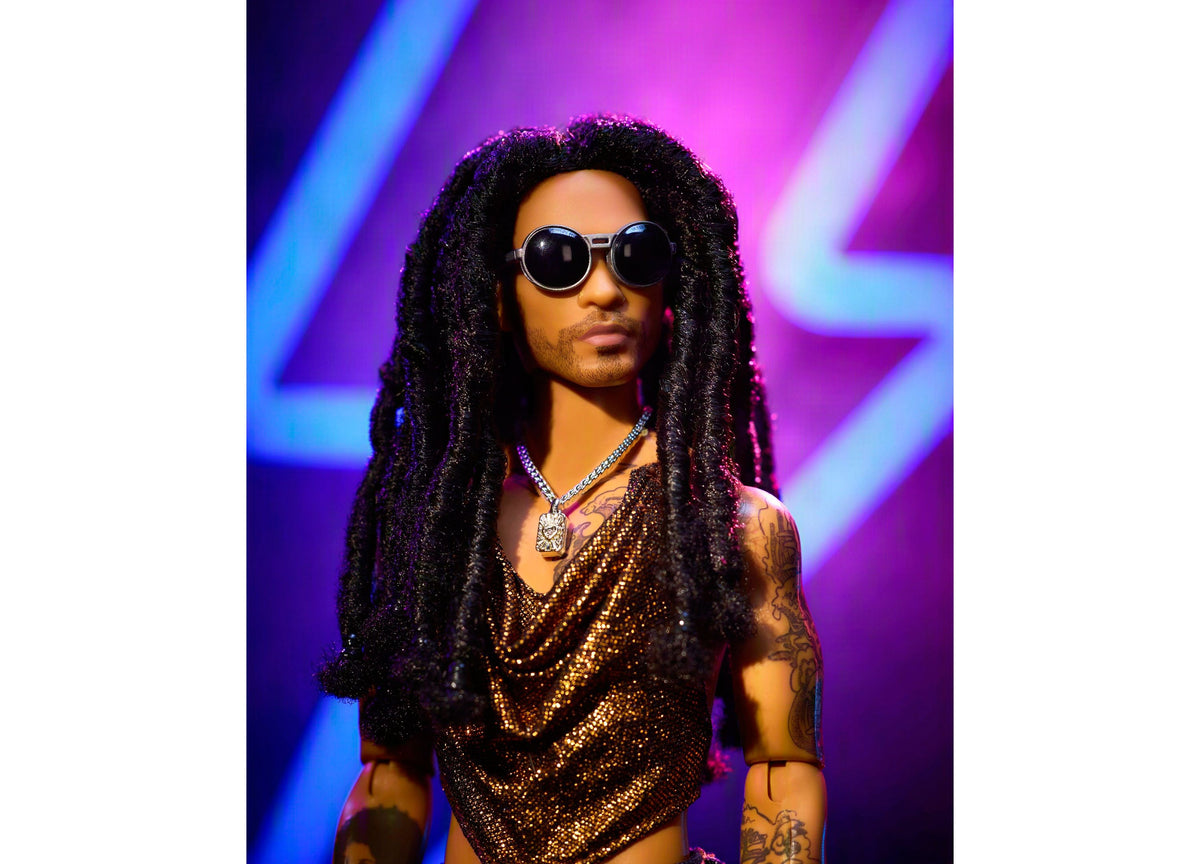 Barbie Kenbassadors Lenny Kravitz 13-inch collectible doll wearing black locs, round sunglasses, and gold studded tan...