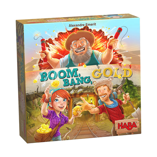 Boom, Bang, Gold board game box by HABA featuring cartoon prospectors and a bearded miner with dynamite and gold nuggets in a wild west mining theme