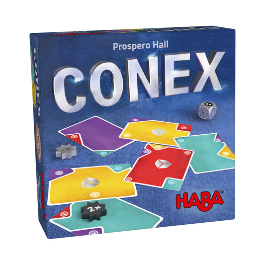 CONEX Strategic Card Game by HABA board game box featuring colorful puzzle-shaped tiles in purple, yellow, red, and green on blue background with dice and game
