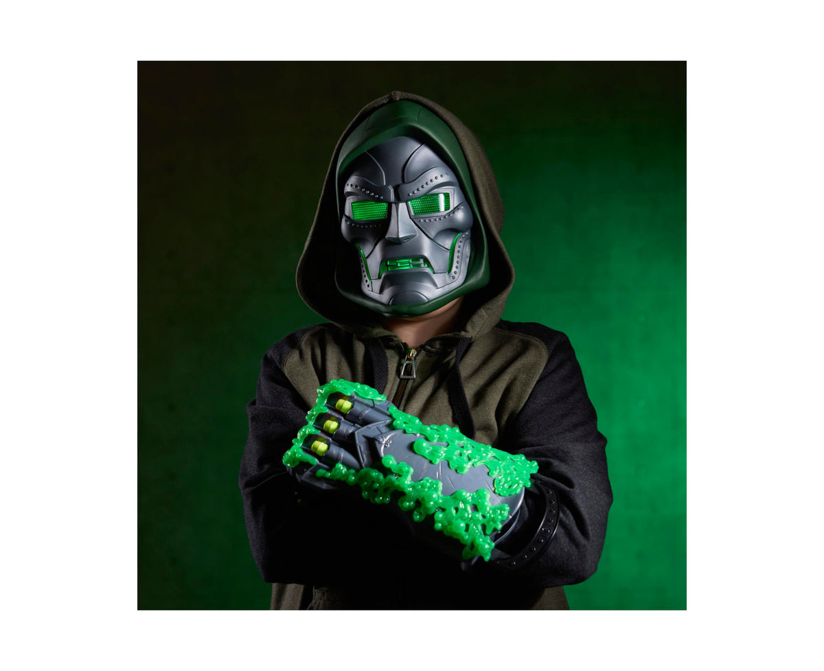 Marvel Doctor Doom Doomglow NERF Triad 3-Piece Blaster with glow-in-the-dark green details and foam darts