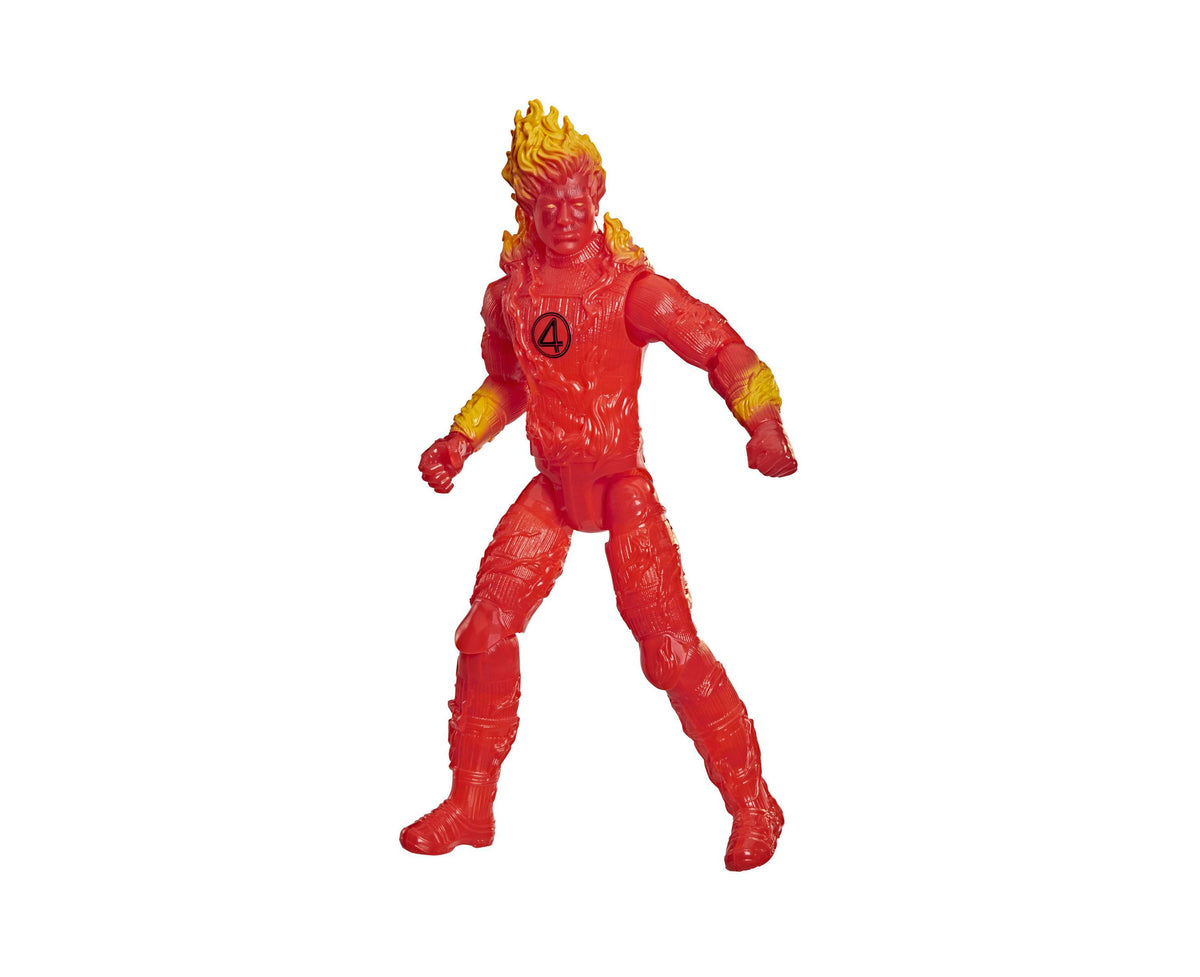 Human Torch 11.5" action figure in red with yellow flame hair and number 4 chest symbol