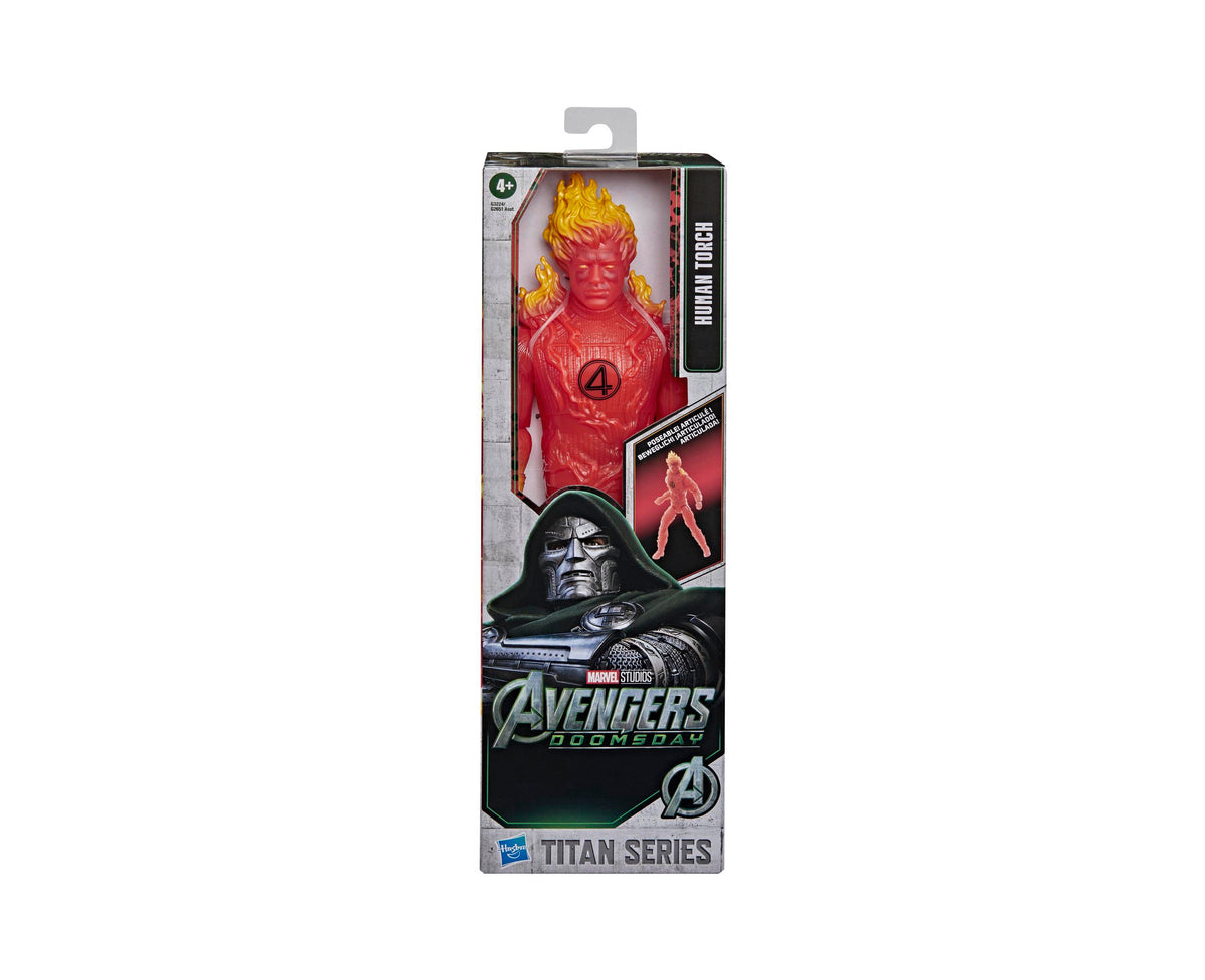 Marvel Avengers Doomsday Titan Series Human Torch 11.5" action figure in red with yellow flame hair, shown in packaging