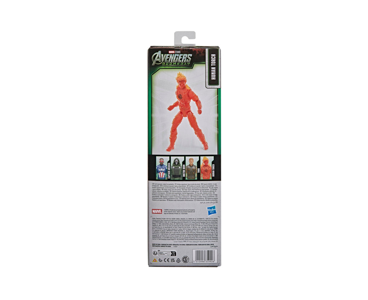Marvel Avengers Doomsday Human Torch 11.5" red action figure in dynamic pose on packaging