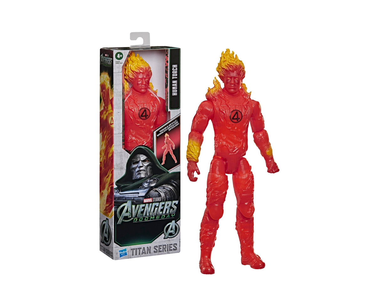 Human Torch Titan Series 11.5" action figure in red with yellow flame hair, shown with packaging box