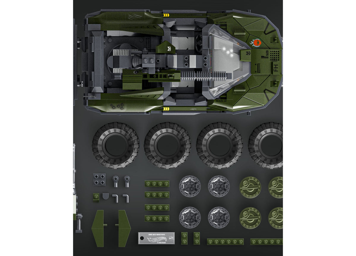 Mattel Brick Shop Halo UNSC M12 Warthog 935-piece building set with green and gray vehicle, wheels, and accessories d...