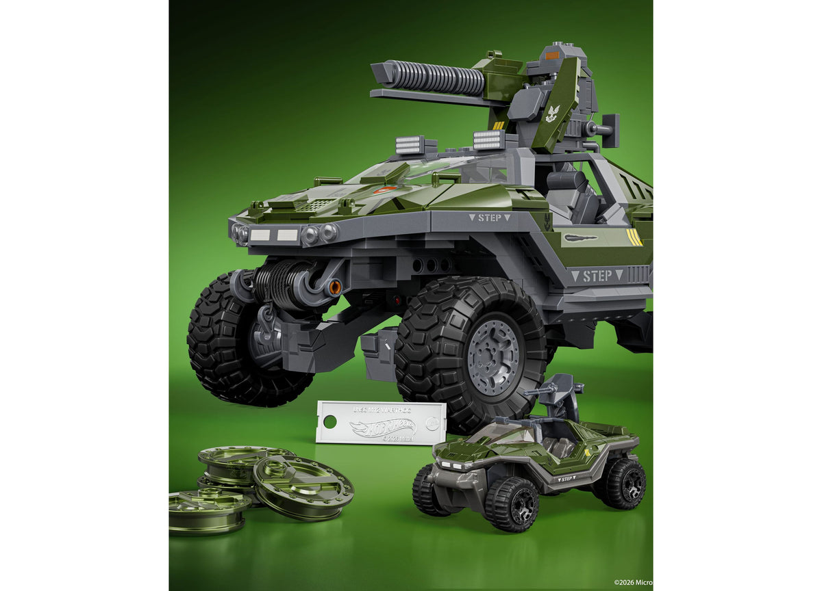 Mattel Brick Shop Halo UNSC M12 Warthog 935-piece building set with green military vehicle, cannon turret, die-cast c...