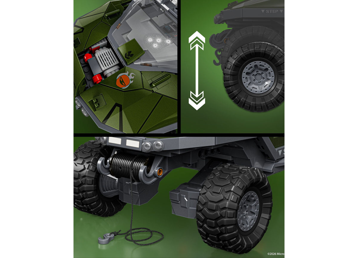 Mattel Brick Shop Halo UNSC M12 Warthog 935-piece building set with green vehicle, large black tires, and assembly in...