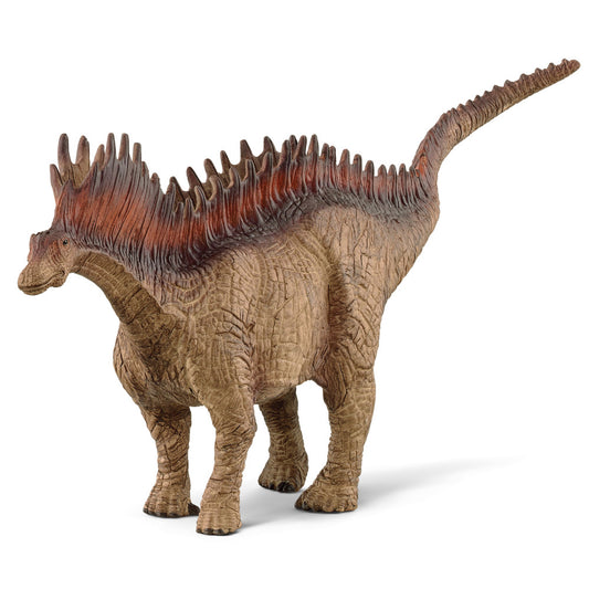 Tan and brown Amargasaurus dinosaur action figure with spiky double row of plates along its back and neck, shown on plain background