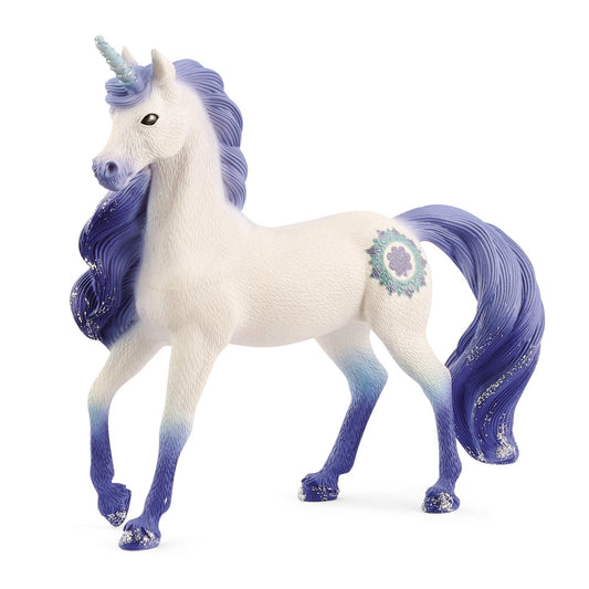 White unicorn stallion figurine with purple and blue gradient mane, tail, and legs; silver-glittered hooves and horn; mandala flower marking on side