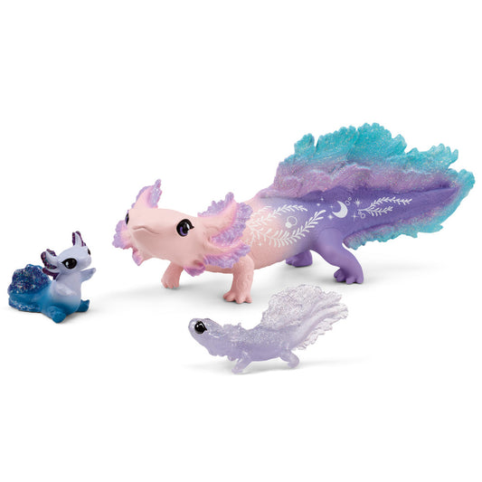 Schleich Bayala Axolotl Magical Discovery Playset with three figurines: large pink and purple axolotl with turquoise mane and decorative markings, small blue ax