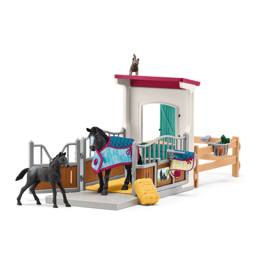 Horse Club playset with white stable building, pink roof, wooden fencing, two black horse figures with colorful blankets, foal, and yellow accessories on plain