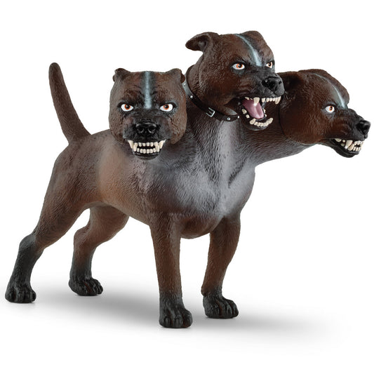 Three-headed brown dog figurine with realistic fur texture, blue eyes, bared teeth, and black collar, on plain background